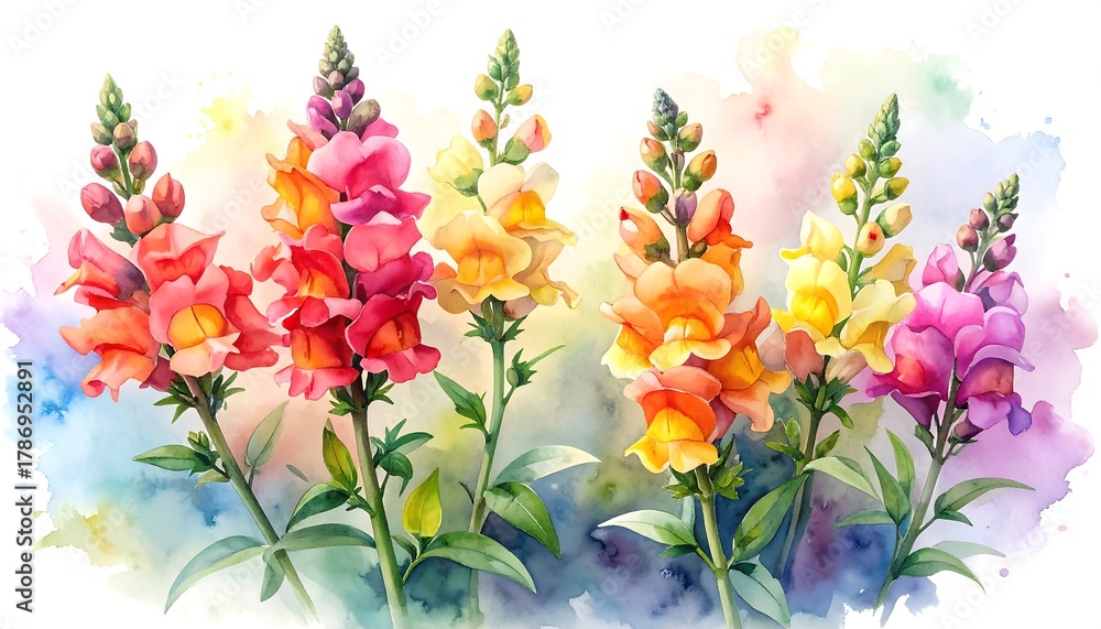 Obraz premium Vibrant Watercolor Snapdragons in Full Bloom.