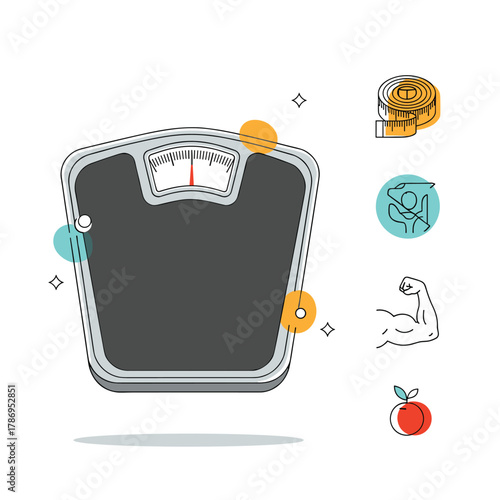 Illustration of a scale with health and fitness icons like a measuring tape and bicep.