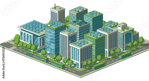 Isometric view of a modern sustainable city with green buildings, solar panels, trees, and buses.
