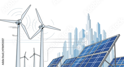 Illustration of renewable energy with wind turbines and solar panels powering a modern city skyline.