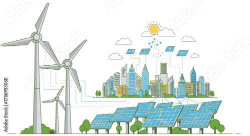 Illustration of a modern city powered by renewable energy sources like wind turbines and solar panels.