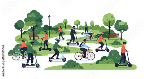 Diverse group of people riding electric scooters and bicycles on winding paths through a green city park.