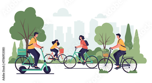 People enjoying a sunny day riding bicycles and an electric scooter in a park setting.