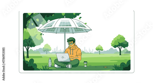 Illustration of a person working on a laptop under a solar-powered umbrella in a park.