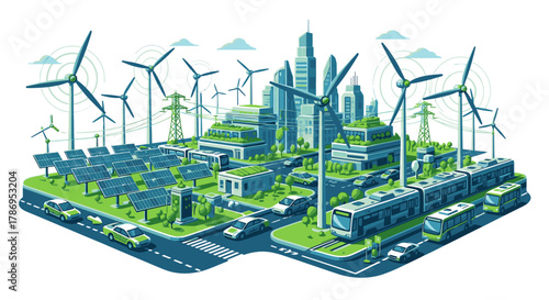 Vibrant illustration of a modern sustainable city featuring renewable energy sources, green buildings, and eco-friendly transportation.