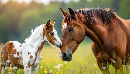 A tender moment captured: Mare and foal share a gentle connection in a sunlit meadow