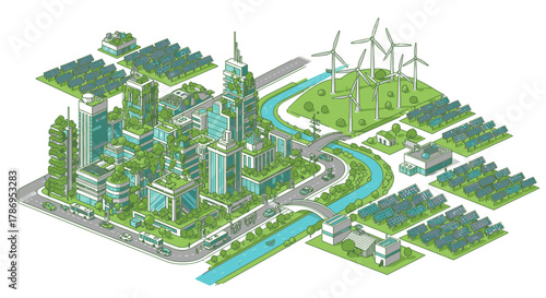 Isometric illustration of a sustainable city with green buildings, wind turbines, and solar panels.