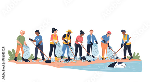 Diverse group of community volunteers cleaning up litter from a polluted riverbank with trash bags and pickers.