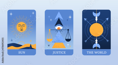Sun justice world tarot cards illustration blue graphic design symbols spirituality balance astrology mystical art celestial eye scales cosmic