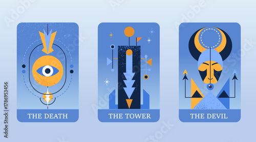 Tarot cards featuring Death, Tower, and Devil, illustrated in modern style with blue tones and geometric shapes, evoke mystery and intrigue