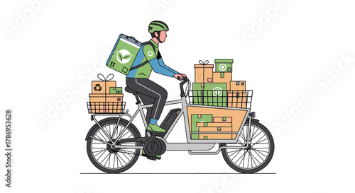 Illustration of a delivery courier riding an electric cargo bike loaded with packages for a sustainable shipping service.