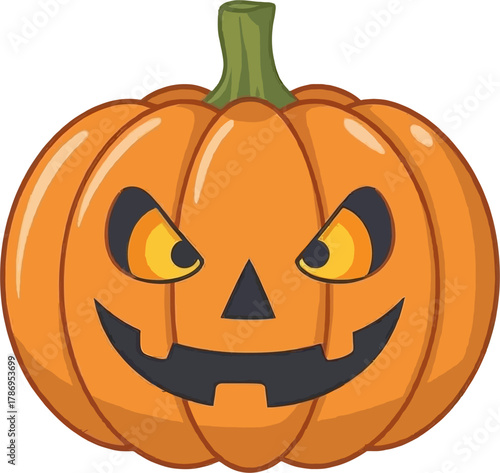 A whimsical cartoon illustration of a grinning jack-o'-lantern with glowing eyes, perfect for Halloween-themed designs and festive celebrations.
