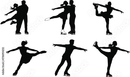 Silhouette figure skaters performing graceful ice dance poses and athletic movements isolated on white background vector illustration for winter sports design