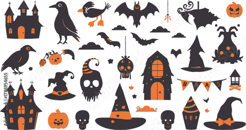 This vector illustration showcases a collection of Halloween-themed silhouettes, including bats, pumpkins, haunted houses, and witch hats for spooky season decor.