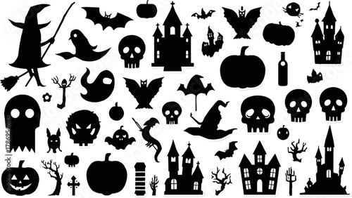 A spooky collection of Halloween silhouettes including bats, pumpkins, witches, ghosts, castles, and skulls, perfect for holiday designs and decorations.