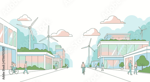 A modern, eco-friendly city street with wind turbines and green buildings, showcasing sustainable urban living.