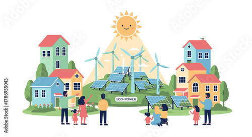 A cartoon illustration of a sustainable community powered by solar panels and wind turbines, with happy people and houses under a smiling sun.