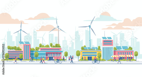 Illustration of a sustainable city with renewable energy sources and eco-friendly buildings.