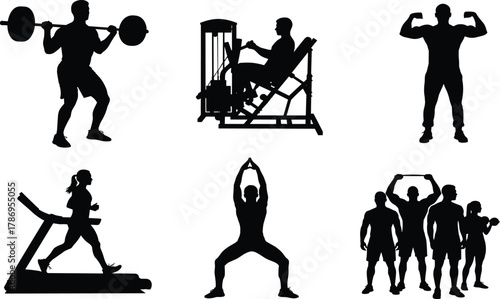 Silhouette fitness people exercising with gym equipment, lifting weights, running treadmill, training group workout vector illustration for health and sport design