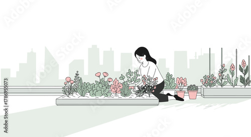 Minimalist line art illustration of a woman tending to her plants in a planter box on a city rooftop or balcony with a skyline in the background.