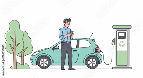 Man using smartphone while his electric car charges at a charging station next to a tree.