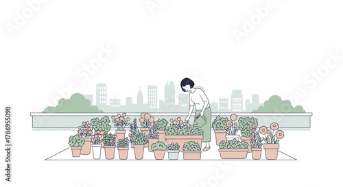 Woman tending to potted plants on a rooftop garden with a city skyline in the background.