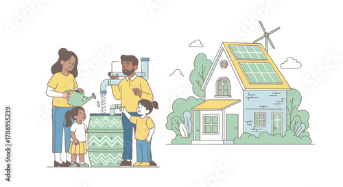 A family collecting rainwater next to their eco-friendly home with solar panels and a wind turbine, illustrating a sustainable lifestyle.