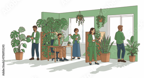 A group of people working in a modern office space filled with lush green plants and natural light.