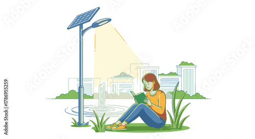 A woman reads a book under a solar-powered street light in a park setting.