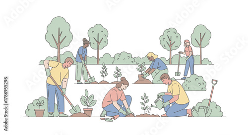 A diverse group of people are actively engaged in planting trees and gardening in a lush green outdoor setting.
