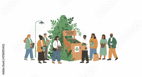A diverse group of people gathered around a community compost bin, promoting sustainability and local eco-friendly initiatives.