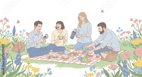 A group of friends enjoying a delightful picnic surrounded by a vibrant field of wildflowers on a sunny day.