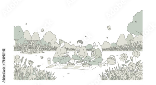 A minimalist illustration of three friends enjoying a picnic outdoors in a park surrounded by trees and flowers.