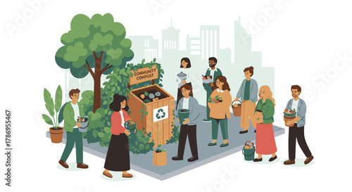 Community garden scene with diverse people tending plants, recycling, and promoting sustainability in an urban environment.