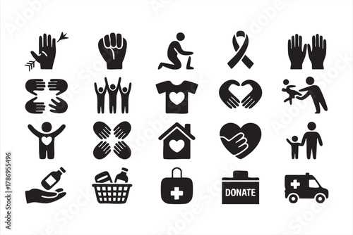 Charity and care minimalist icon collection for fundraising and social causes