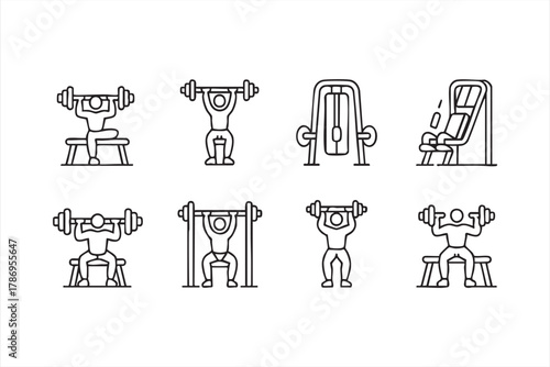 Vector fitness and workout equipment icons for sport and wellness projects