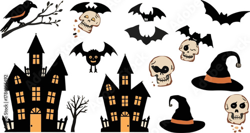 This vector illustration showcases a collection of Halloween-themed elements, including haunted houses, bats, skulls, and a crow, perfect for spooky designs.