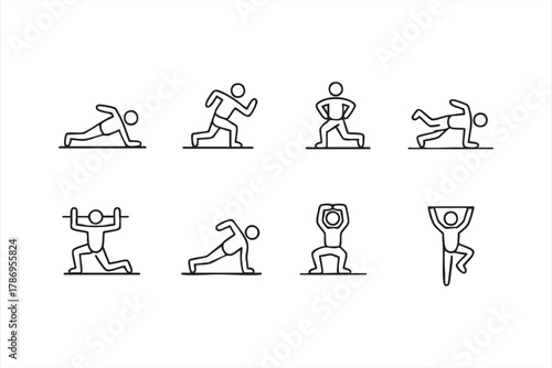 Minimal vector icons of exercise, running, and stretching for sports and health themes