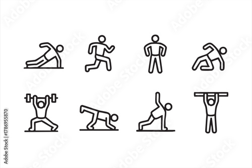 Yoga and workout outline symbols set for wellness, fitness, and motivation concepts
