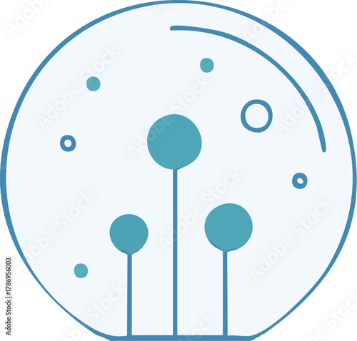 Minimalist illustration of stylized plants within a clear spherical container, symbolizing scientific innovation, sustainable growth, and ecological balance in a controlled environment