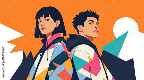 Stylish young couple in colorful jackets against abstract background