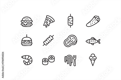 Minimal vector symbols of pizza, burger, and sushi for food industry concepts