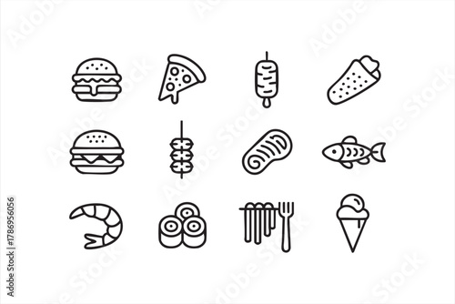 Street food and dining line art symbols for delivery, kitchen, and culinary branding