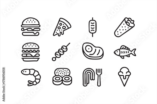 Food and drink outline icons pack for restaurant, catering, and menu design