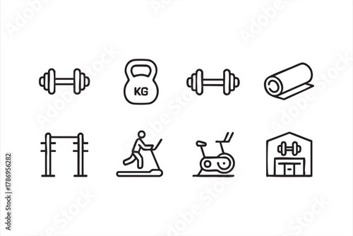 Minimal vector symbols of dumbbells, treadmill, and bike for gym and fitness themes