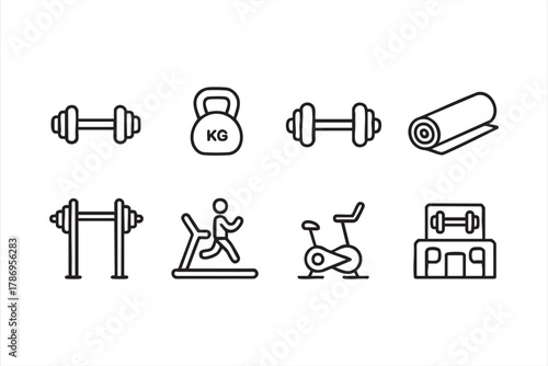 Gym and fitness equipment line icons set for workout and sports design projects