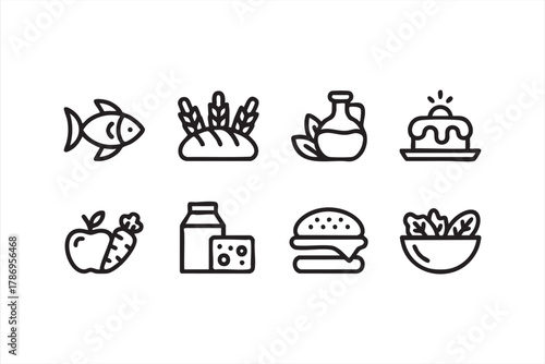 Minimal vector symbols of vegetables, fish, and dairy for healthy lifestyle concepts