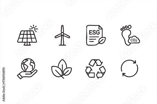 Green business and eco-friendly icons for ESG and climate awareness themes