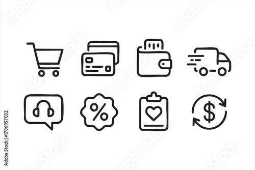 Minimal vector symbols of cart, wallet, and delivery for business and retail concepts