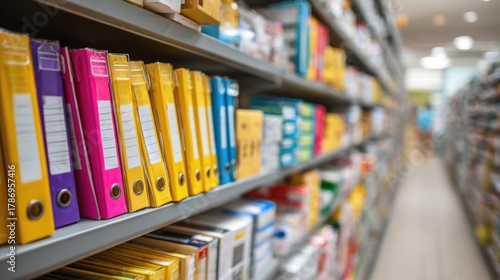 A colorful array of binders and folders on a shelf in a library or office.